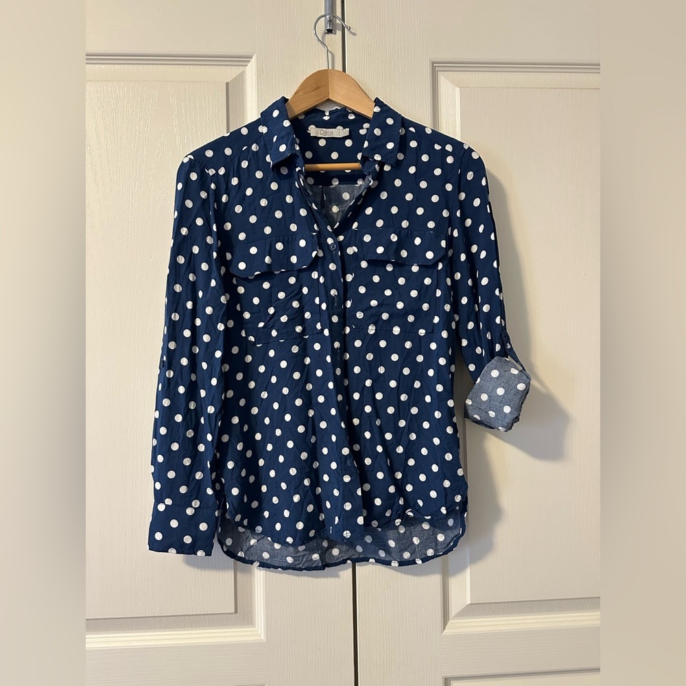 Dalia Blue and White Polkadot Collared Button Down Shirt, XS